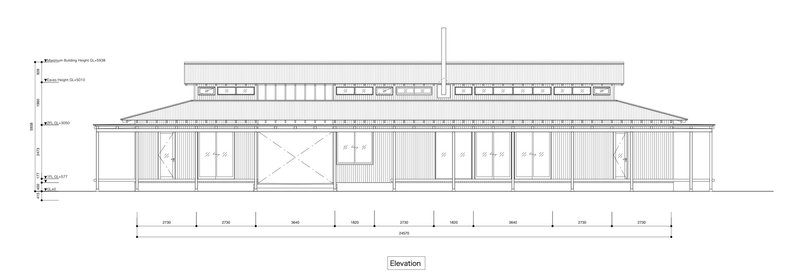 Elevation drawing showing the full-length facade with vertical cladding, glazing, and layered roof profiles