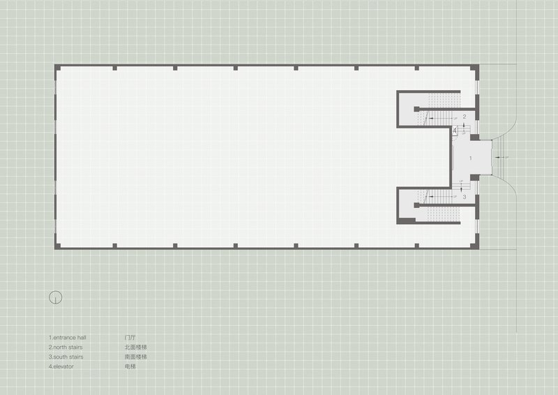 Floor plan drawing showing rectangular hall with two stair volumes and elevator on the east side