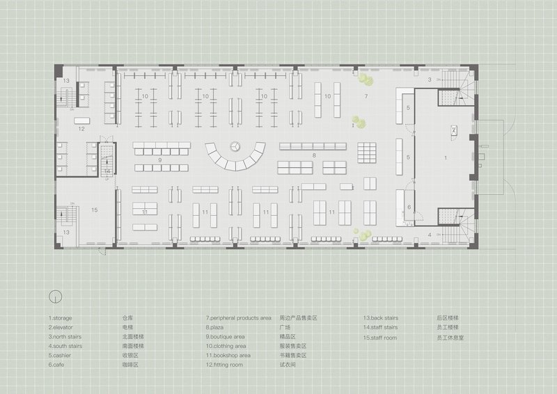 Floor plan drawing showing open retail space with seating areas, product displays, and service zones