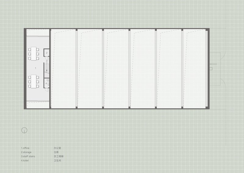 Floor plan drawing showing open workspace with parallel structural bays and service core on west side