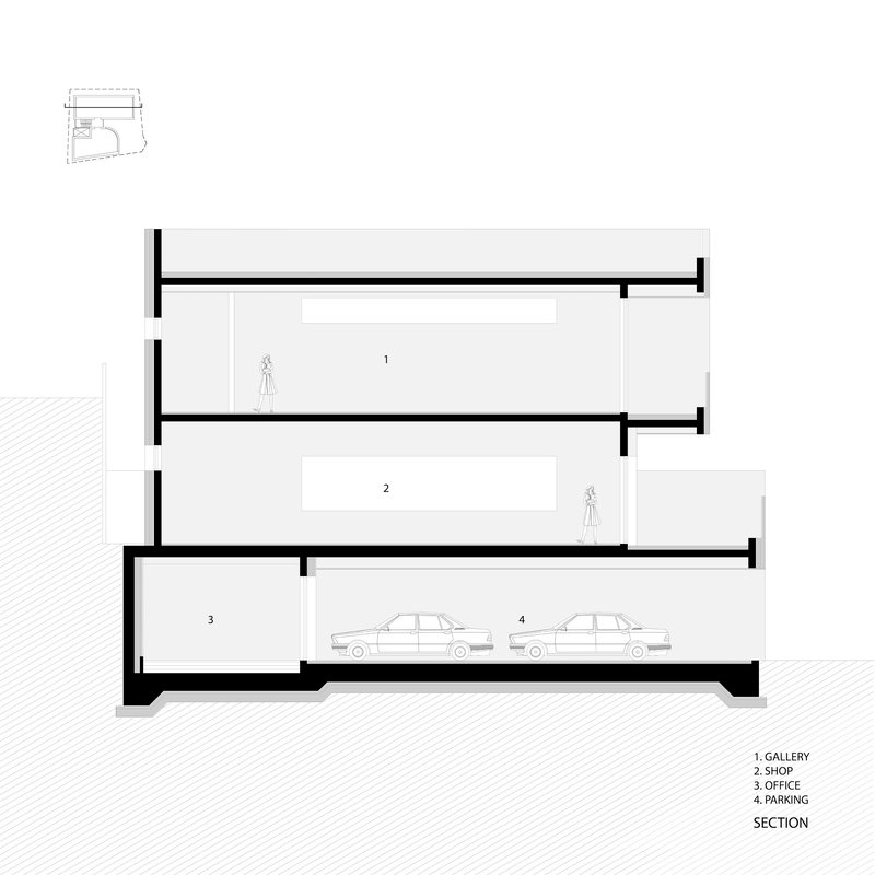 Section drawing showing four stacked levels including gallery, shop, office and parking with cars