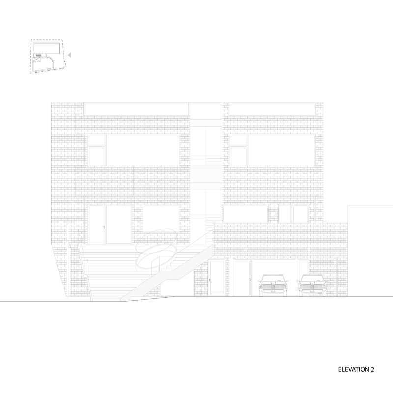 Elevation drawing displaying a brick facade with multiple openings and curved stair at ground level