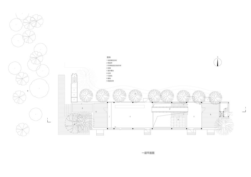 Floor plan drawing showing rectangular building volume flanked by circular tree canopies
