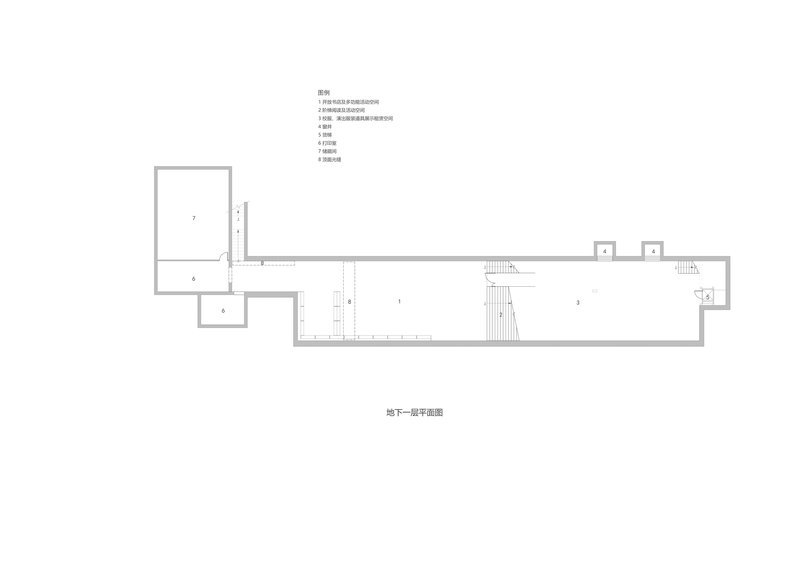 Basement level floor plan showing elongated rectangular layout with stair cores
