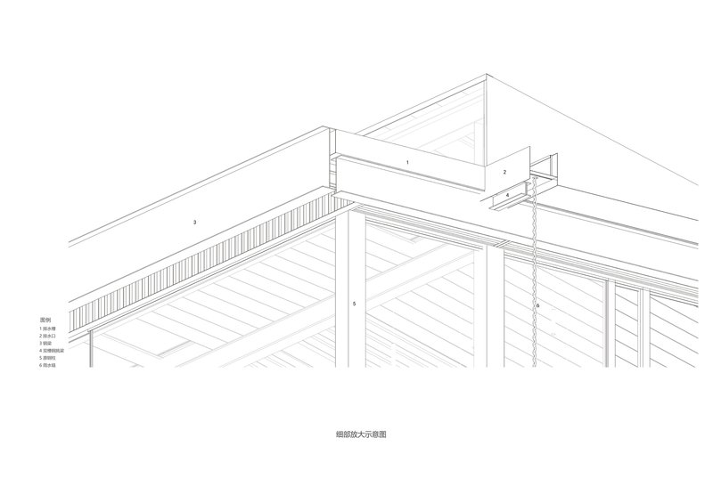 Axonometric drawing depicting louvered screens, horizontal slat cladding and an upper terrace structure