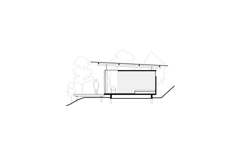 Section drawing showing the structure on a sloped site with figure for scale and surrounding vegetation