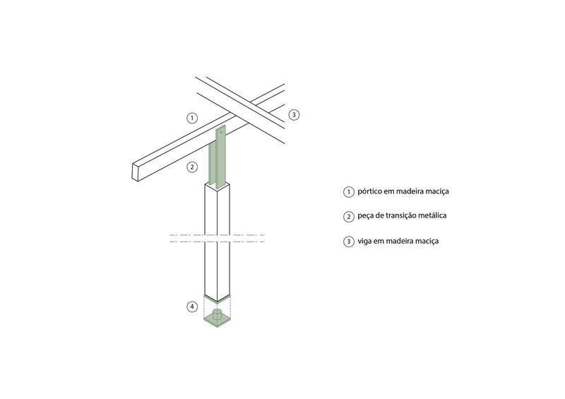 Axonometric detail drawing showing a timber column with metal transition piece and crossing beams