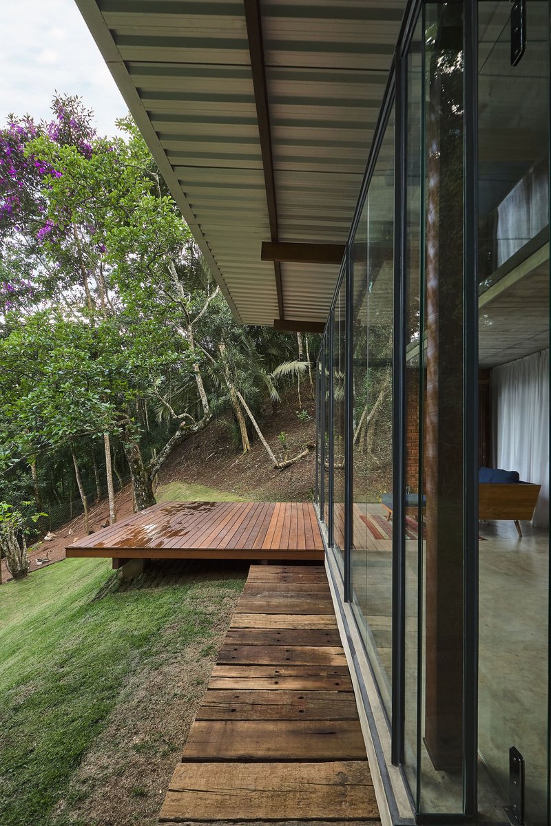 Timber stairs descending alongside a glazed facade with deck and lawn on a wooded slope