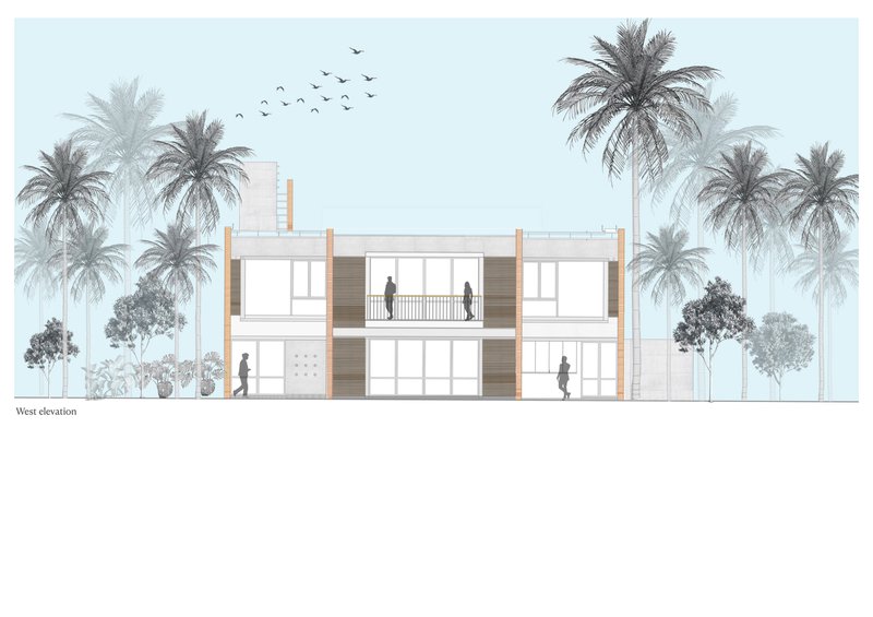 West elevation drawing showing a two-story volume with flanking palm trees and figures throughout the interior spaces