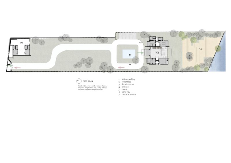Site plan drawing showing building footprint, landscape elements, and circulation within a long narrow lot