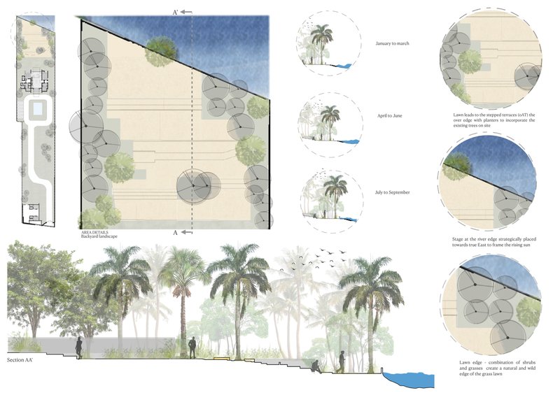 Landscape drawing showing site plan with palm trees and section with figures beneath the canopy