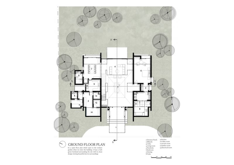 Ground floor plan drawing showing symmetrical layout with central courtyard surrounded by rooms and tree canopies