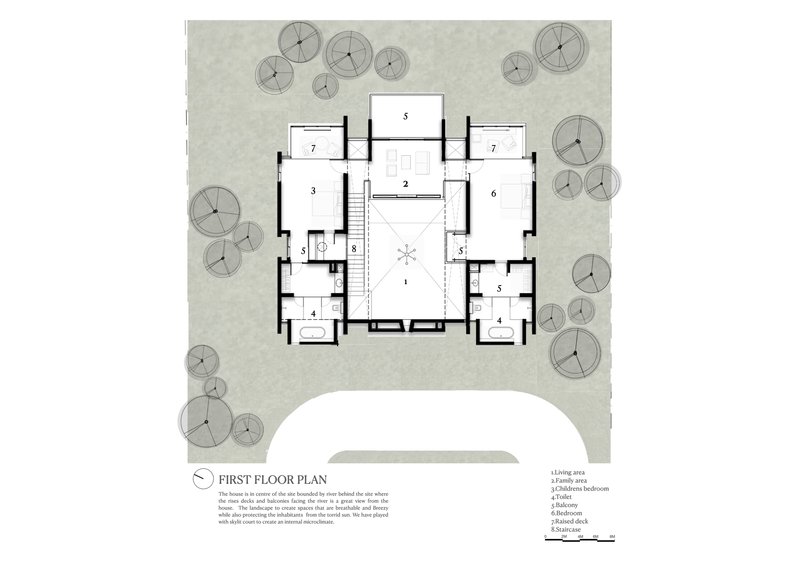 First floor plan drawing showing central double-height space flanked by bedrooms and service areas