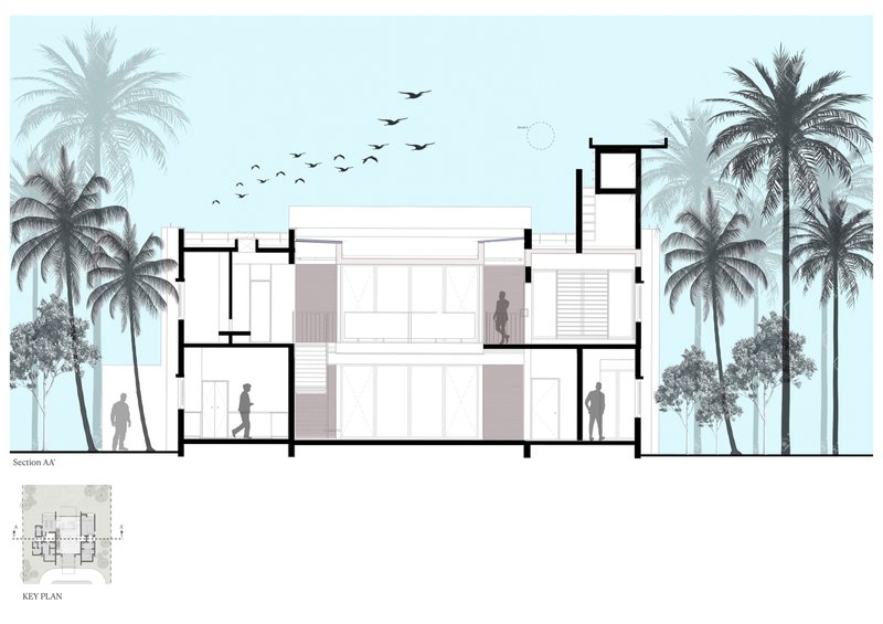 Section drawing showing two-storey residence with figures and palm trees under a sky with birds