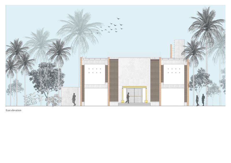 East elevation drawing showing symmetrical facade with central entrance and flanking volumes among palm trees