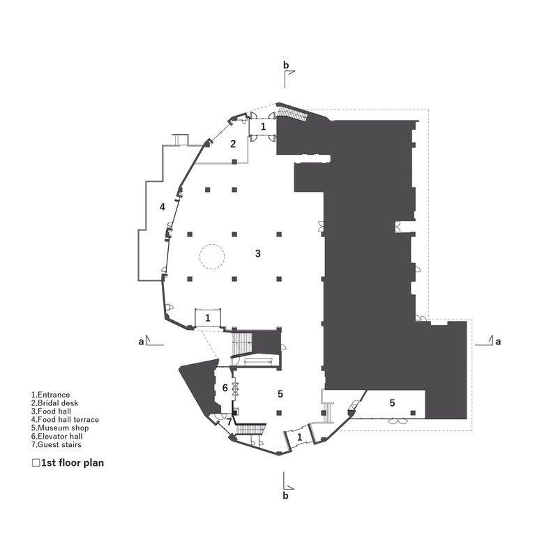 First floor plan drawing showing entrance, food hall, and terrace in an irregular curved footprint