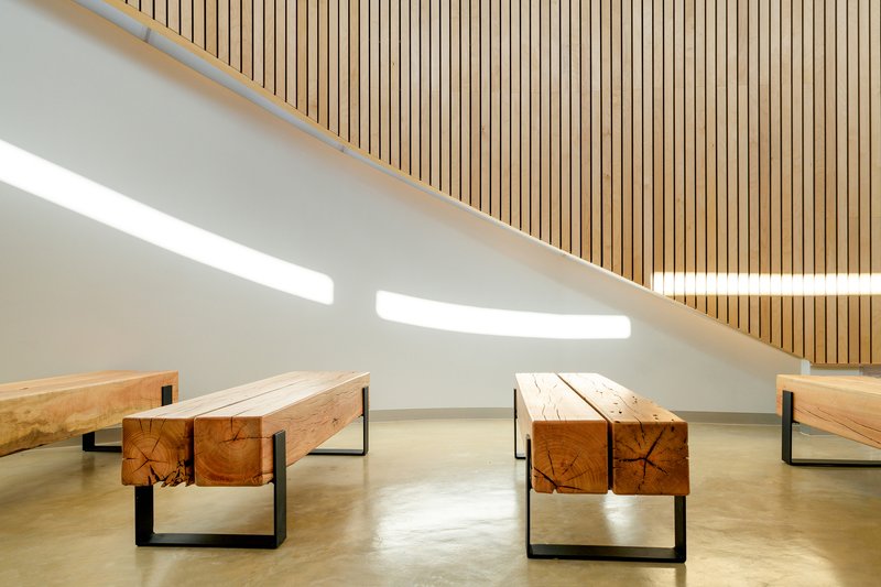 Interior view of timber benches on steel frames beneath a curved wall with vertical wood slats