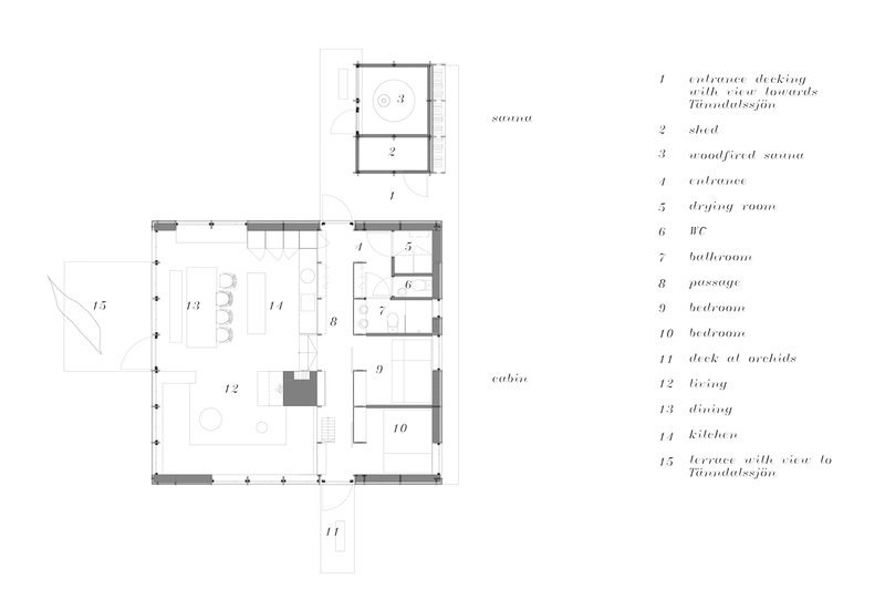 Floor plan drawing showing an open living and dining area with sauna and bedroom zones