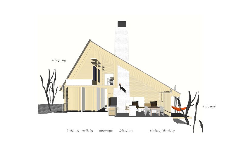 Section drawing showing the gabled volume with interior spaces from bath to terrace