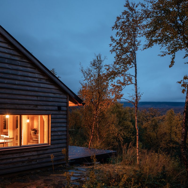 Corner window overlooking valley landscape with birch trees at dusk