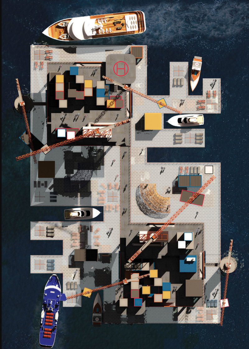 Adaptive reuse masterplan transforming an offshore oil rig into a floating cultural and marine research hub.