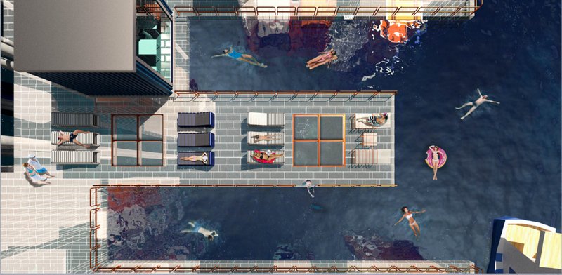 Public waterfront decks merge recreation, marine immersion, and communal gathering above the Adriatic Sea.