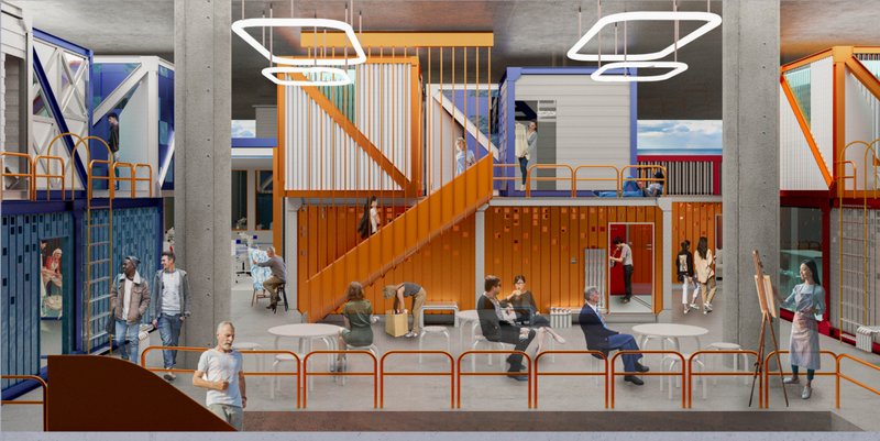 Flexible container-based housing clusters create collaborative spaces for artists, scientists, and visitors.