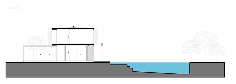 Section drawing illustrating the relationship between interior volumes and stepped pool terrace