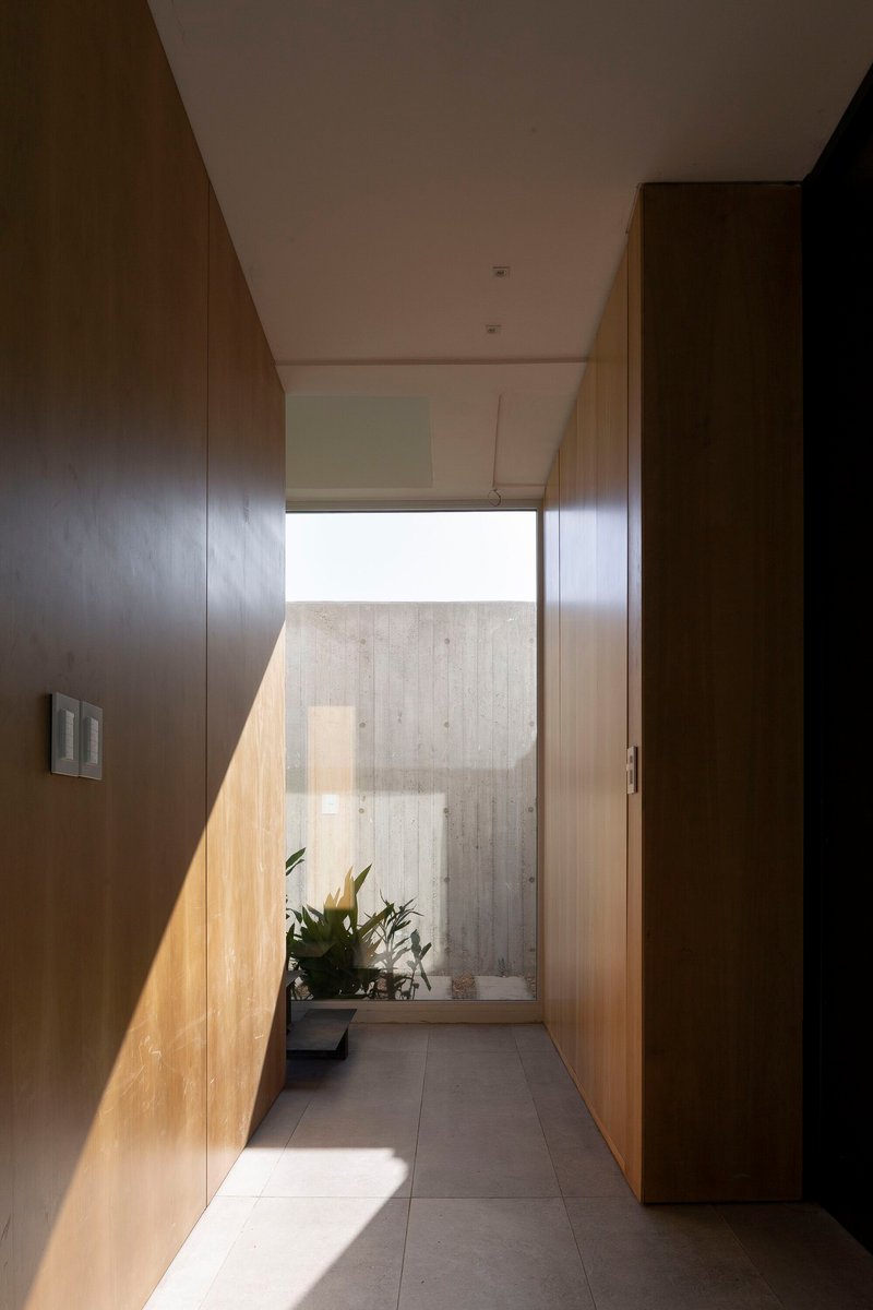 Narrow hallway with wood-paneled walls and a potted plant illuminated by a clerestory window