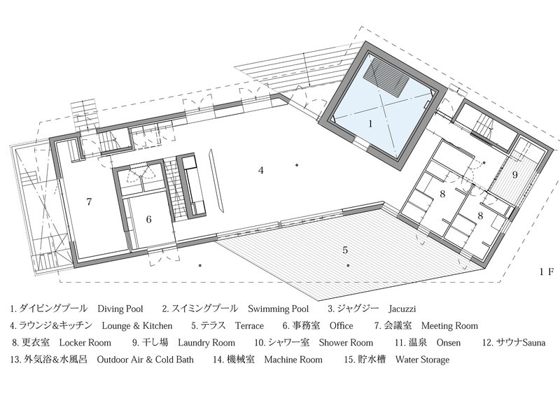 First floor plan drawing depicting angled perimeter walls enclosing terrace, lounge, kitchen, and pentagonal swimming pool