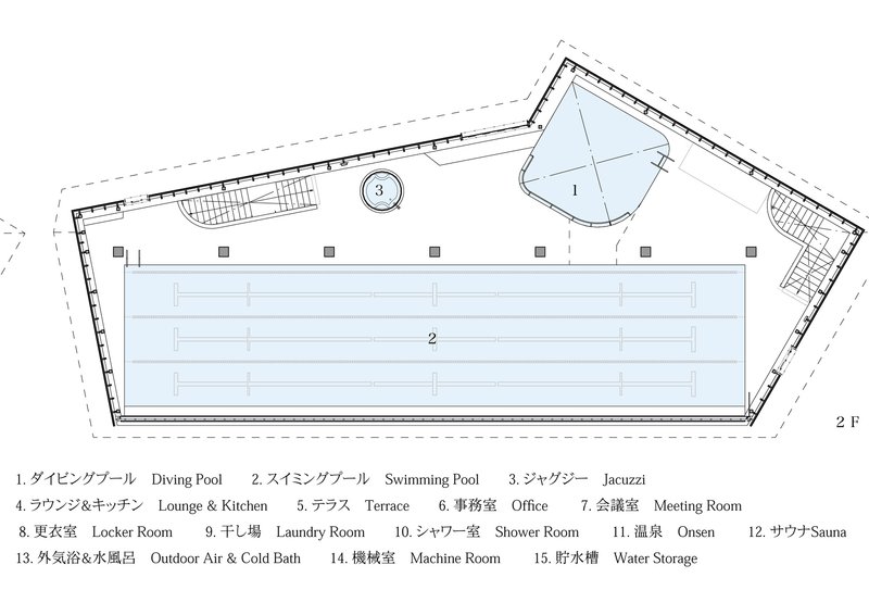 Second floor plan drawing showing lap pool spanning the width with diving pool and jacuzzi in corner