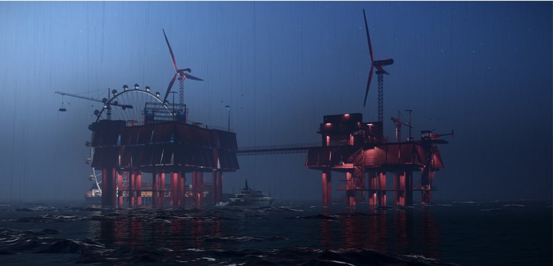 Adaptive reuse architecture transforms a former oil rig into a vibrant offshore community powered by recycled containers and renewable energy.