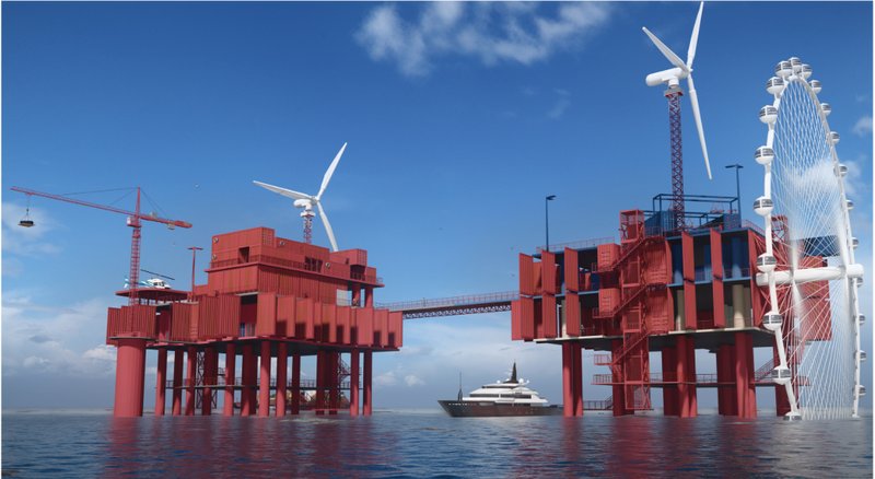 Exterior view showcasing the floating cultural and research hub connected by elevated bridges above the open sea.