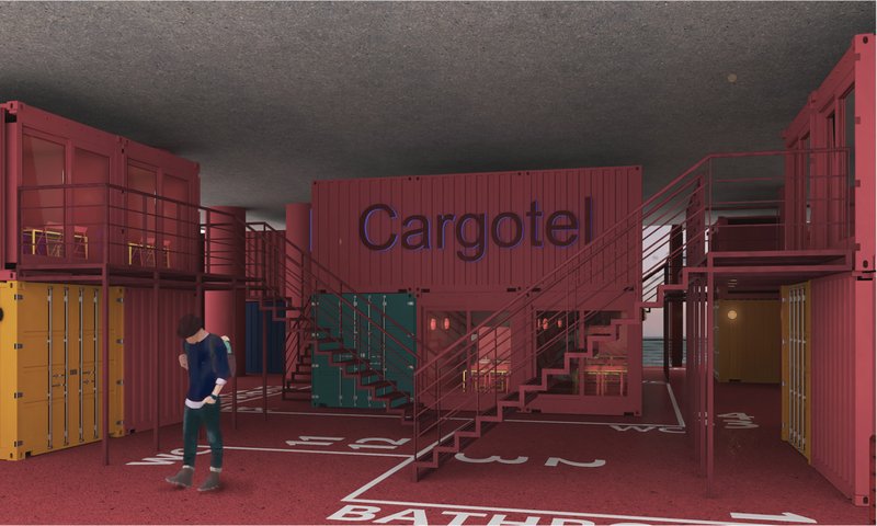 Modular container-based residential courtyard designed to provide flexible living spaces for long-term offshore residents.