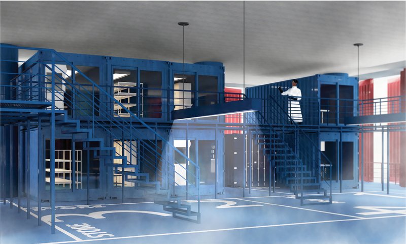 Marine research laboratories housed within repurposed containers provide spaces for ocean observation and environmental studies.