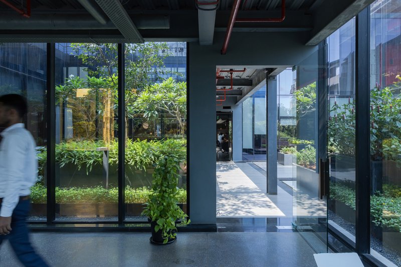 Interior corridor with floor-to-ceiling glass walls overlooking planted courtyards and a person walking through the space