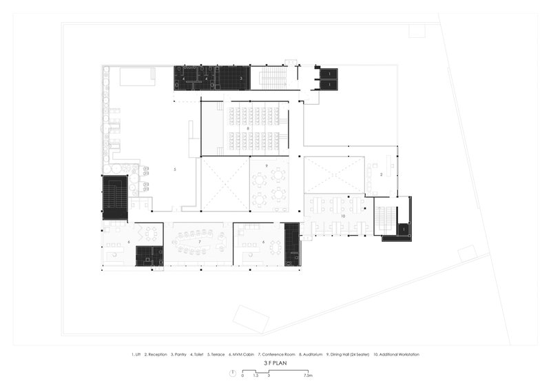 Third floor plan drawing showing conference rooms and flexible workspace with service cores in black