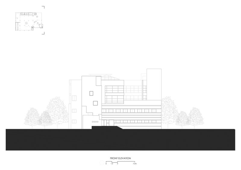 Front elevation drawing showing stacked volumes of varying heights with surrounding landscape in outline