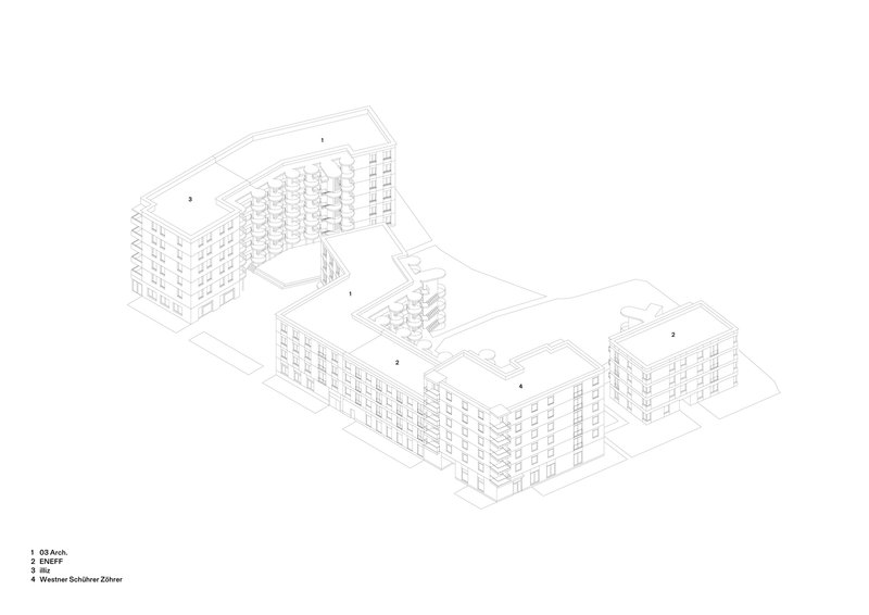 Axonometric drawing showing a residential complex with multiple wings arranged around internal courtyards