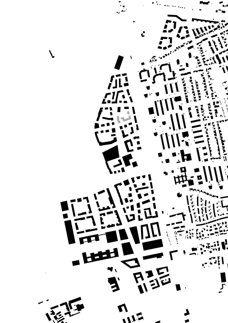 Site plan drawing showing urban block footprints in dense black and white figure-ground