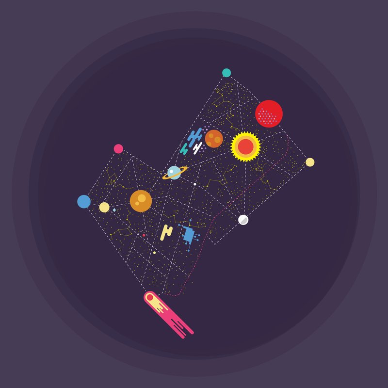 Axonometric diagram showing the site layout with colorful celestial graphics on a dark purple background