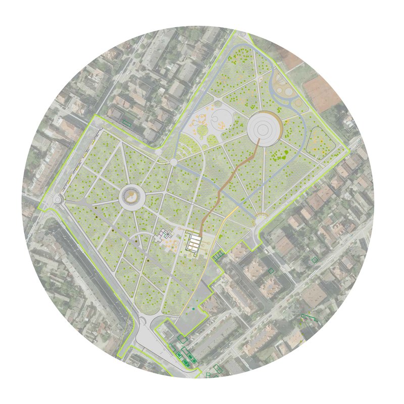 Aerial site plan drawing overlaid on satellite imagery showing pathways and circular plazas with adjacent urban fabric