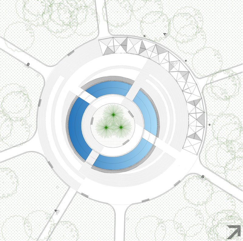 Site plan drawing showing a circular building with blue water features and triangular roof elements amid landscape vegetation