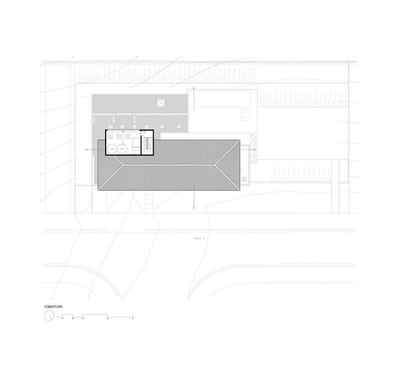 Roof plan drawing showing pool cabana volume and central pyramidal skylight over main living space