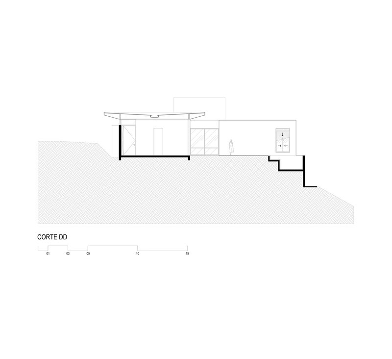 Section drawing showing curved roof pavilion cantilevered over sloping terrain with stepped foundation below