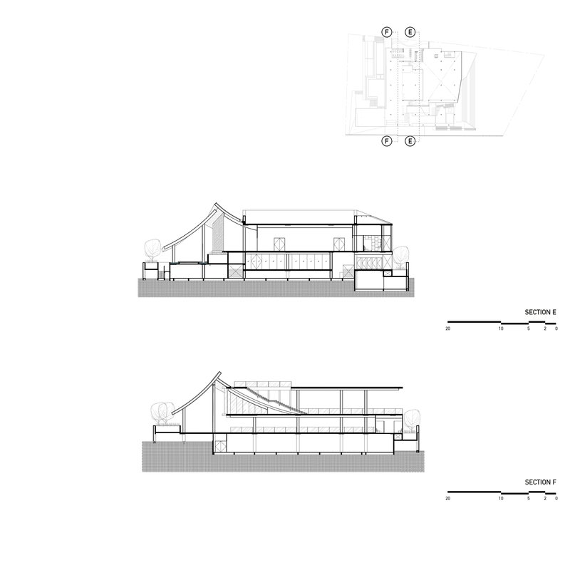 Section drawings E and F showing the sloped roof and internal circulation across multiple levels