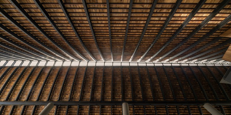 Upward view of the timber slat ceiling with steel beams radiating from a central skylight