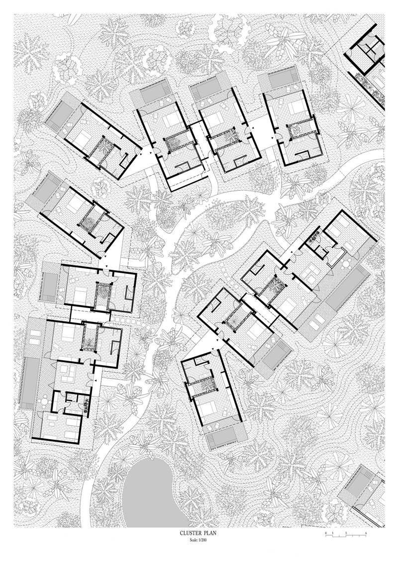 Cluster plan drawing showing ten detached villas distributed around a central water body with landscaping