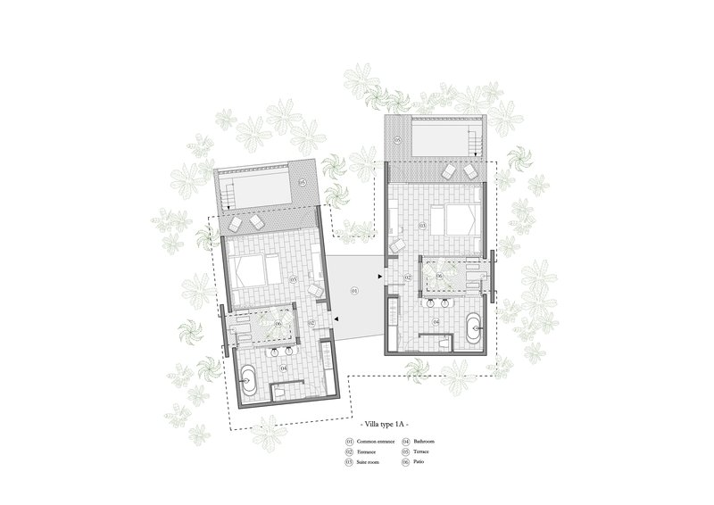 Floor plan drawing showing two linked villa units with enclosed courtyards and rooftop terraces