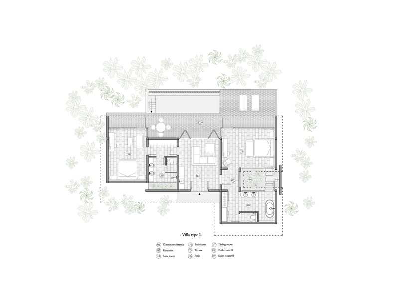 Floor plan drawing of a single villa unit with bedrooms, living areas and outdoor terraces amid trees
